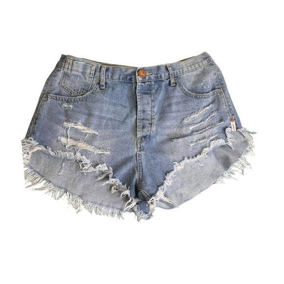 One Teaspoon Le Wolves Denim Shorts Blue Bone Frayed Hem Distressed Size 29 - Picture 3 of 15